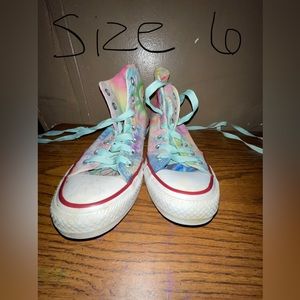 Tye dye high top converses. Size 6. Not sure where the original laces are!